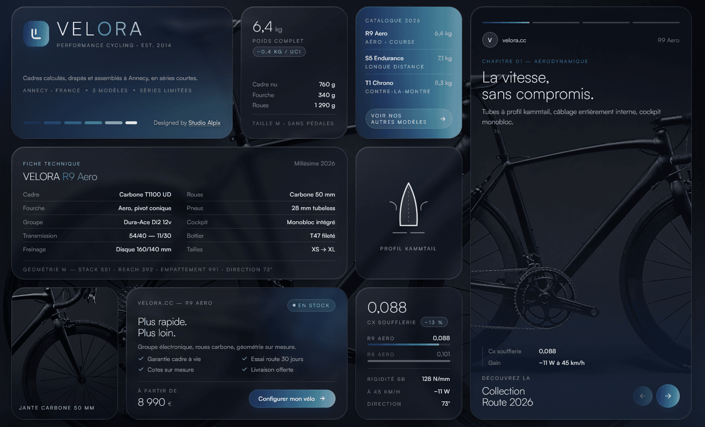 Template Fiche produit — page produit d'un vélo en grille bento sur fond sombre