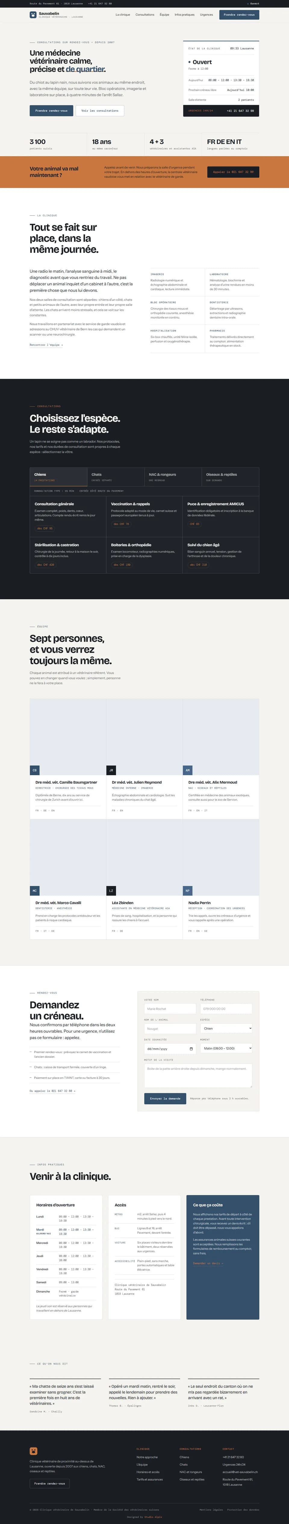 Template Cabinet vétérinaire — accueil d'une clinique avec état d'ouverture en direct