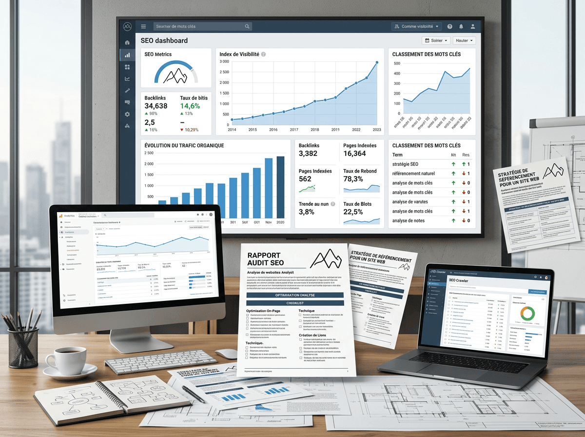 Poste de travail affichant un tableau de bord SEO, un rapport d'audit et le suivi des positions