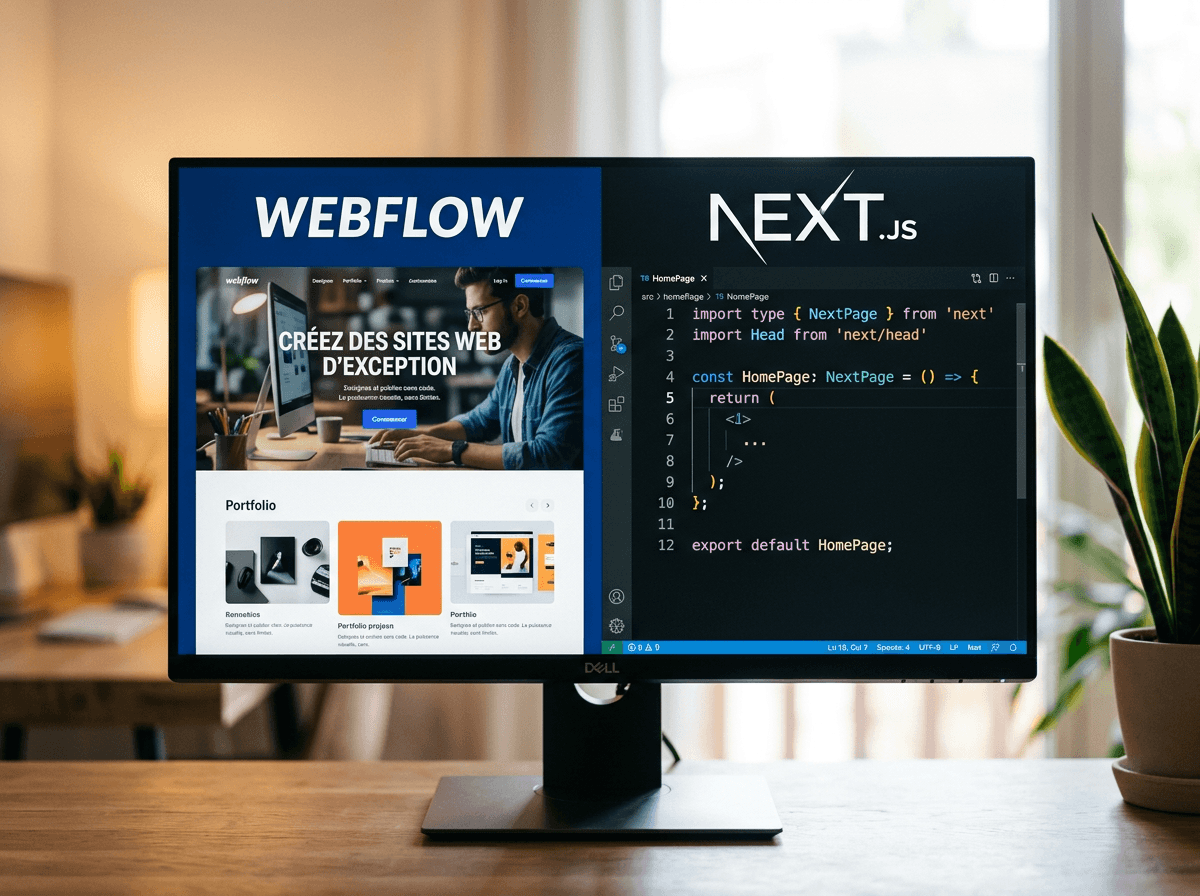 Uno schermo diviso in due, a sinistra l'editor visivo di Webflow, a destra codice Next.js, su una scrivania in legno