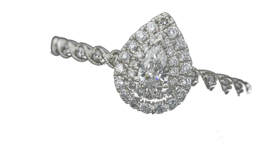 Solitaire Aube : diamant taille poire cerné d’un double halo de brillants, or blanc 750